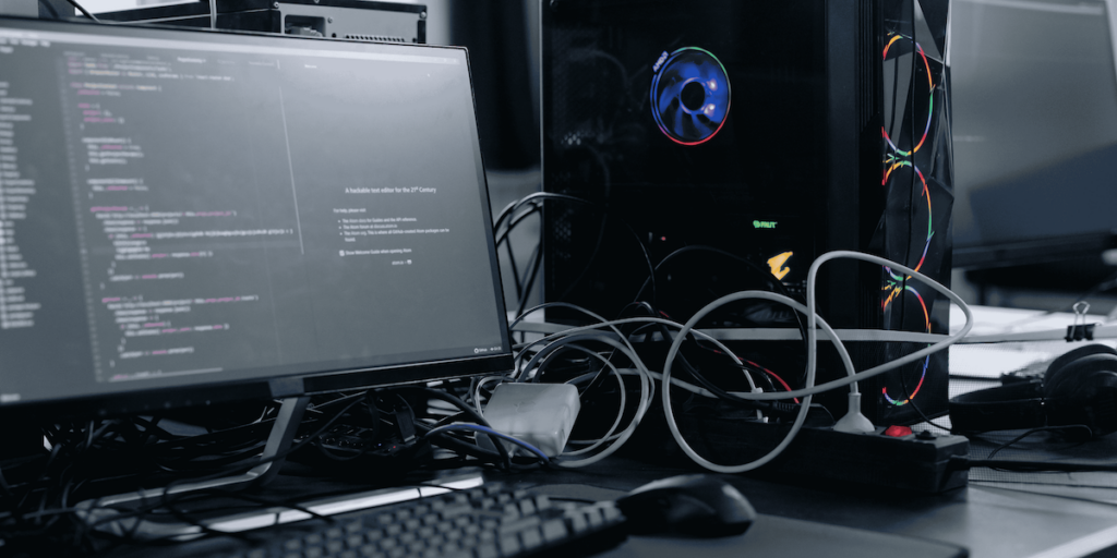 computer and monitor setup on desk